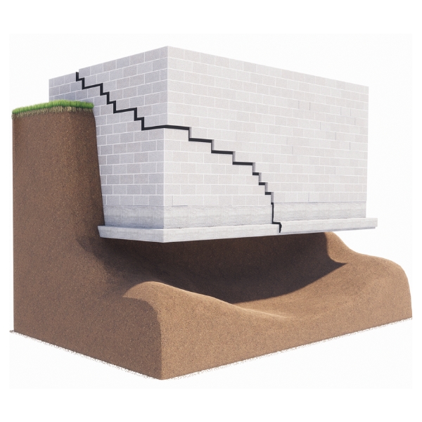 Illustration of a cracked concrete foundation wall caused by soil movement, needing push pier installation in Ocala, FL.
