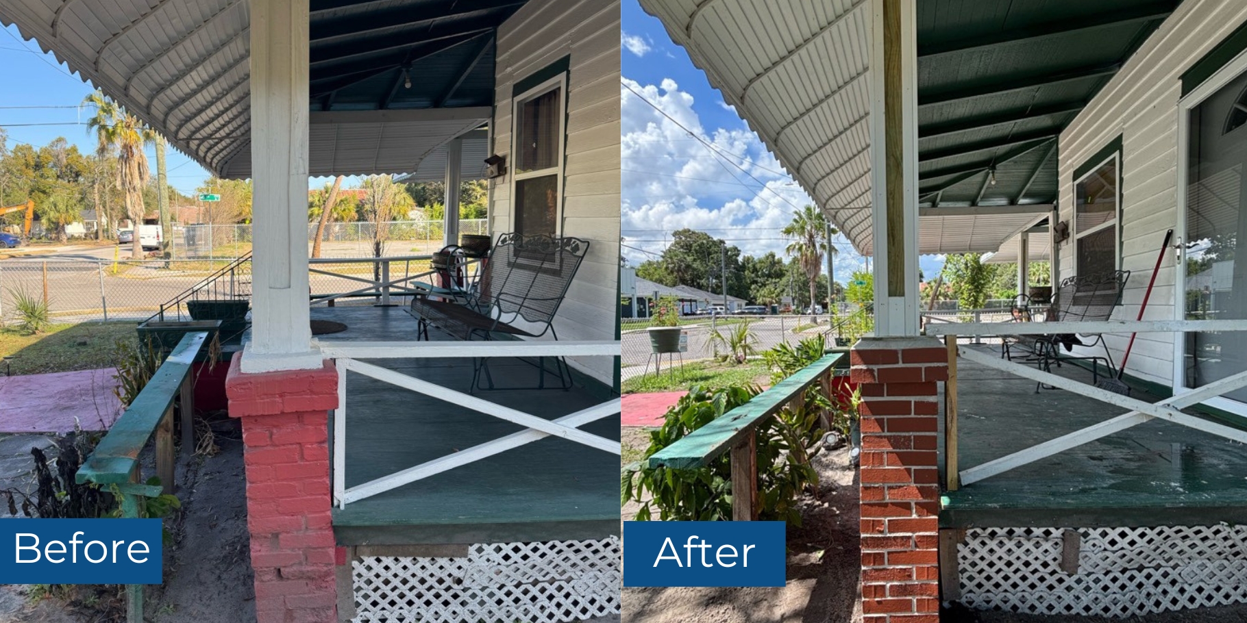 Before and after images of porch column replacement in Jacksonville, FL, showing restored curb appeal and stable structural support.