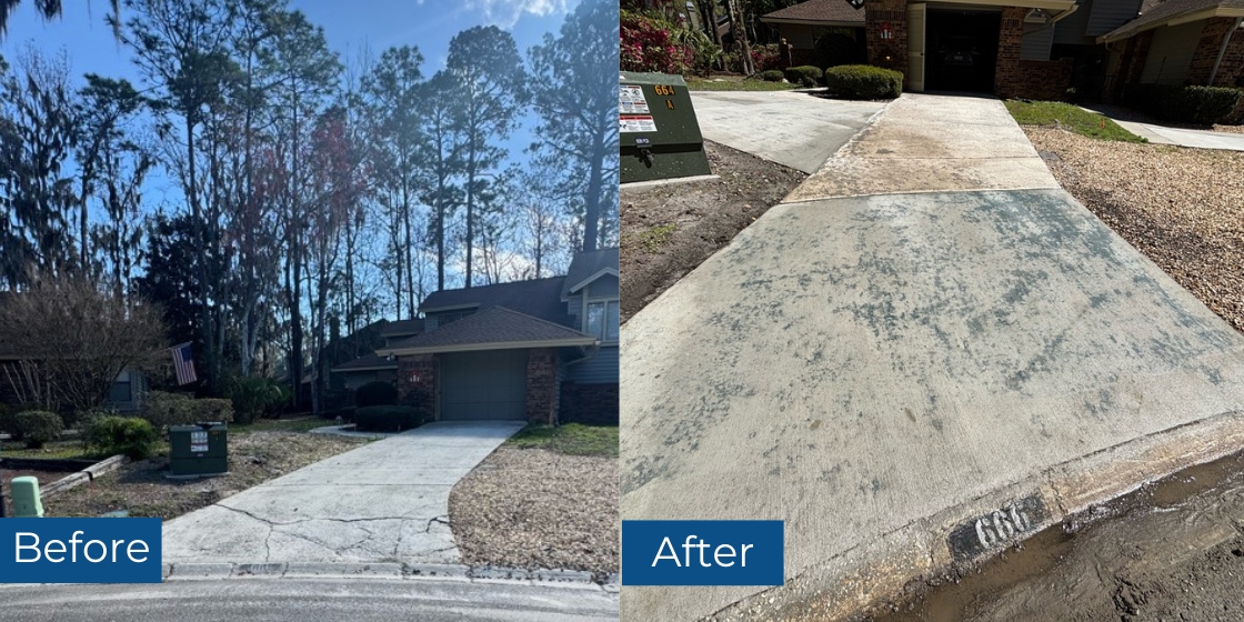 Before and after images of concrete driveway crack repair in Jacksonville, FL, showing transformation with new concrete.