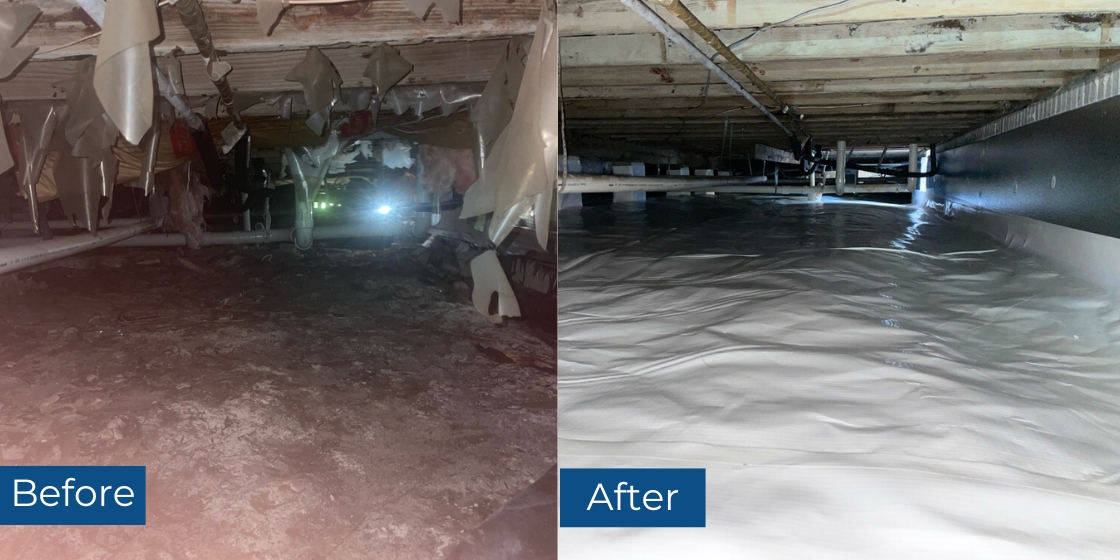A damp crawl space before repair, transformed into a clean, dry, and protected area after wet crawl space repair in Jacksonville, FL.