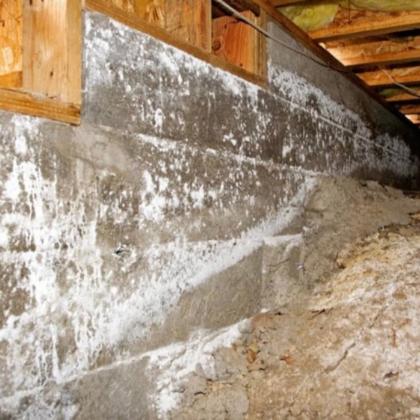 A crawl space wall heavily affected by mold, illustrating common causes of mold growth in Ocala. FL.