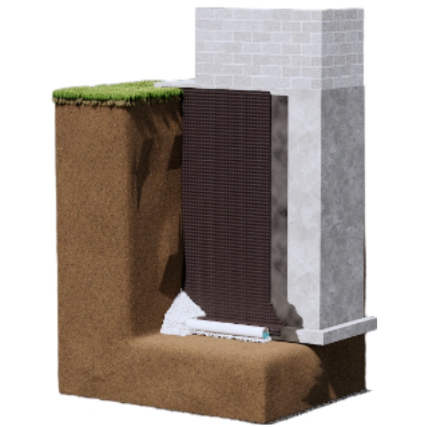 Illustration of how exterior waterproofing systems work in Ocala, FL, to redirect water using a membrane and a French drain.