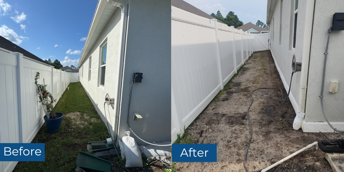 Before and after waterproofing and yard drainage system in St. Augustine, FL.