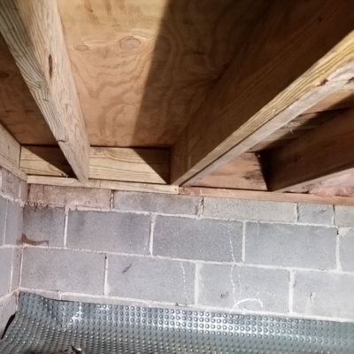 Floor joist sistering with new lumber reinforcing weak joists, repairing gap between floor and wall in Gainesville, FL.