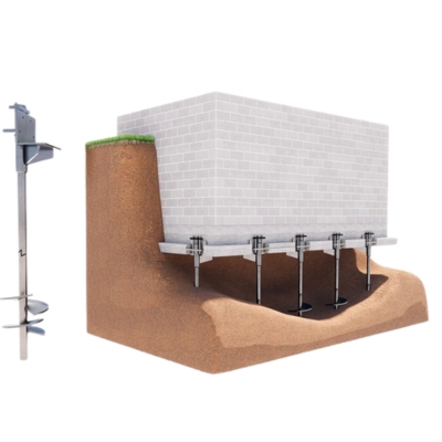 Illustration of helical piers installation supporting a home built on sandy soil, a foundation settlement repair in Ocala, FL