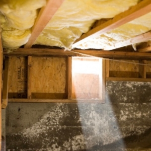 Crawl space with open vents allowing humid air to create condensation, a common cause of wet crawl space issues in Palatka, FL.