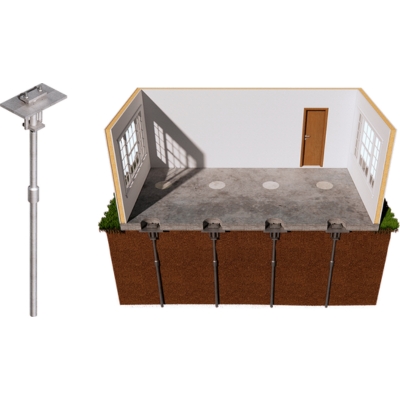Illustration of slab piers stabilizing a sinking floor, a basement floor crack repair in Crescent City, FL, restoring support.