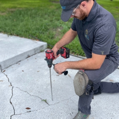 Technician sealing small cracks between slabs with flexible concrete caulking to prevent moisture intrusion in Fernandina Beach, FL.