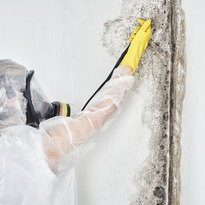 An expert removing severe mold for complete crawl space mold treatment and moisture control, a crawl space mold solution in Northern Florida.
