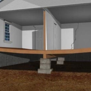 Illustration of sagging crawl space with failing support beams causing wall cracks in Gainesville, FL.
