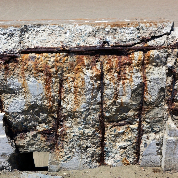 Close-up of cracked seawall joint with water seeping through, showing the need for seawall crack repair in Northern Florida.