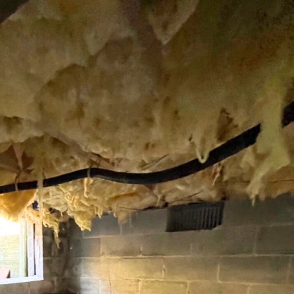 Damaged crawl space insulation saturated from humid air exposure, needing wet crawl space insulation repair in Northern Florida.