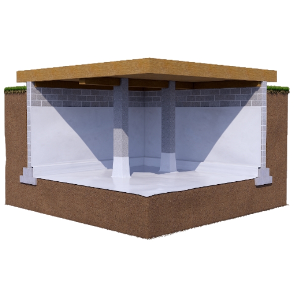 Illustration of installed basement wall vapor barrier to stop dampness and mold growth, a waterproofing solution in Middleburg, FL.