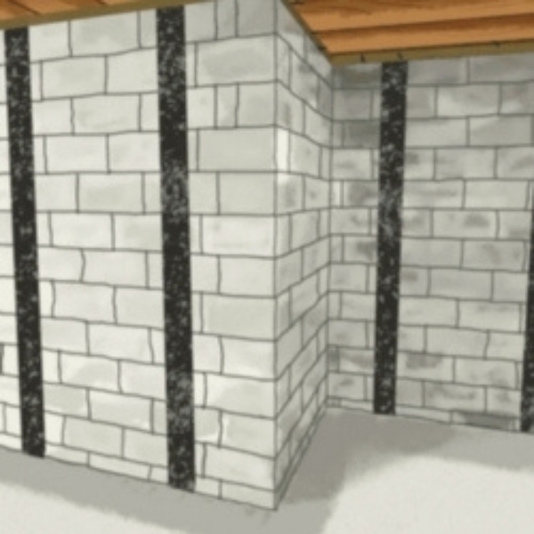 Illustration of installed carbon fiber straps stopping bowing and cracking walls, a foundation repair solution in Ocala, FL.