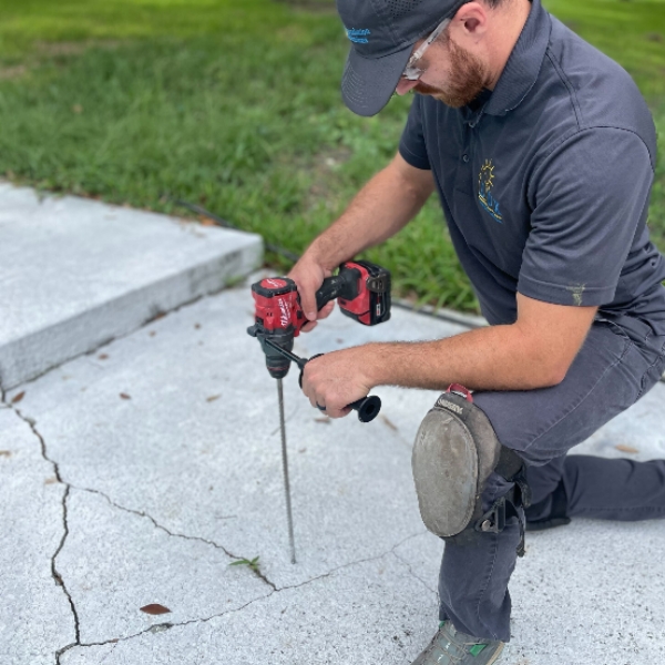 Technician sealing cracks with professional-grade caulk to prevent water damage, a concrete repair solution in Palm Coast, FL.