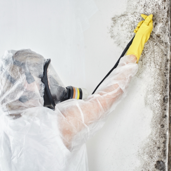 Technician removing mold from crawl space walls to restore clean air quality, a crawlspace solution in Ocala, FL.