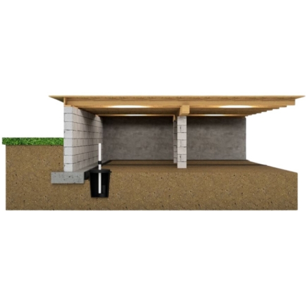 Illustration of an installed crawl space sump pump, removing standing water to prevent flooding, a waterproofing solution in Ocala, FL.