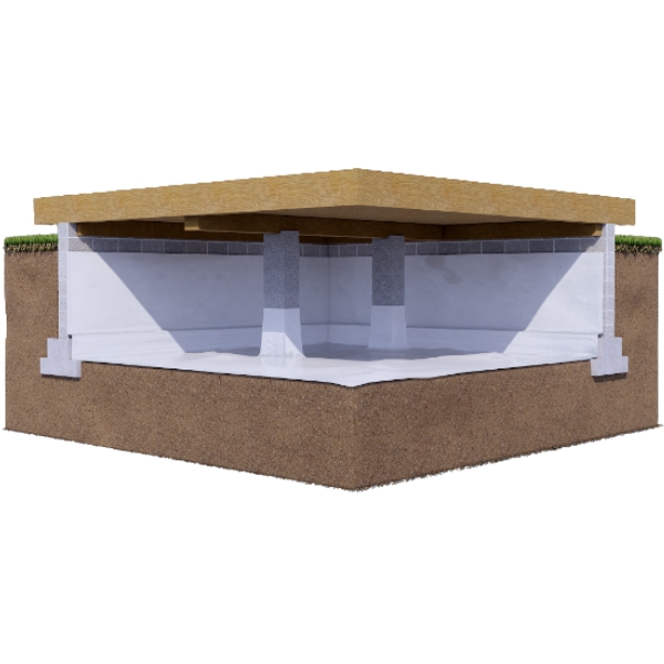 Illustration of installed crawl space wall vapor barrier to block ground moisture, a waterproofing solution in Palm Coast, FL.
