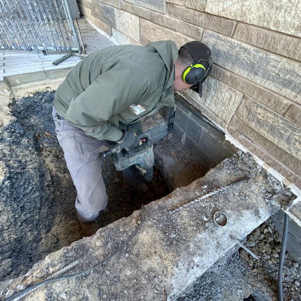 Technician excavating beside a home to access and repair a weakened foundation affected by poor materials in St. Johns, FL.