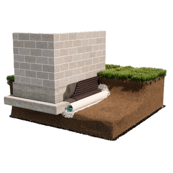 Illustration of a French drain installed to redirect standing water, a waterproofing solution in Jacksonville, FL.