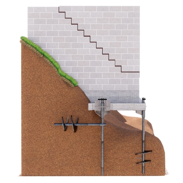 Illustration of helical tiebacks installed to reinforce a foundation wall damaged by poor soil compaction in Orange Park, FL.