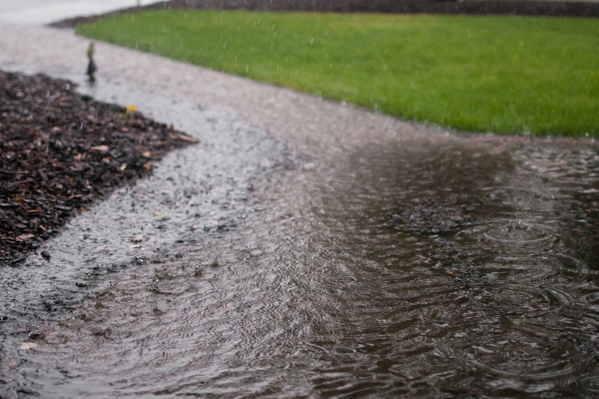 Flooded soil around a home due to high groundwater levels, causing groundwater flow and water intrusion in St. Augustine, FL.