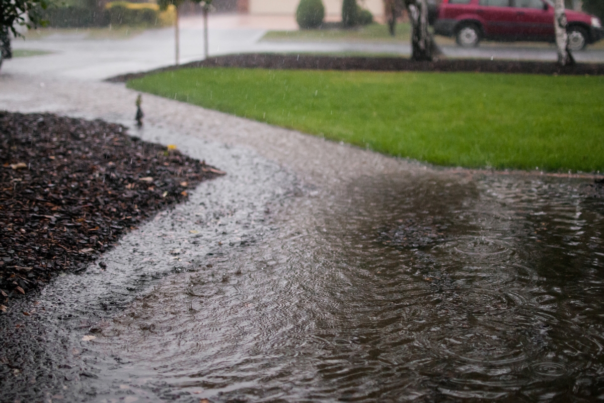 A flooded yard with standing rainwater-saturated soil due to high water table conditions, causing slope failure in Gainesville, FL.
