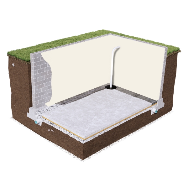 Illustration of installed wall vapor barrier for interior foundation waterproofing, a waterproofing solution in St. Johns, FL.