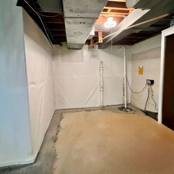 Interior waterproofing installed, preventing water seepage, a rainwater waterproofing solution in Fernandina Beach, FL.