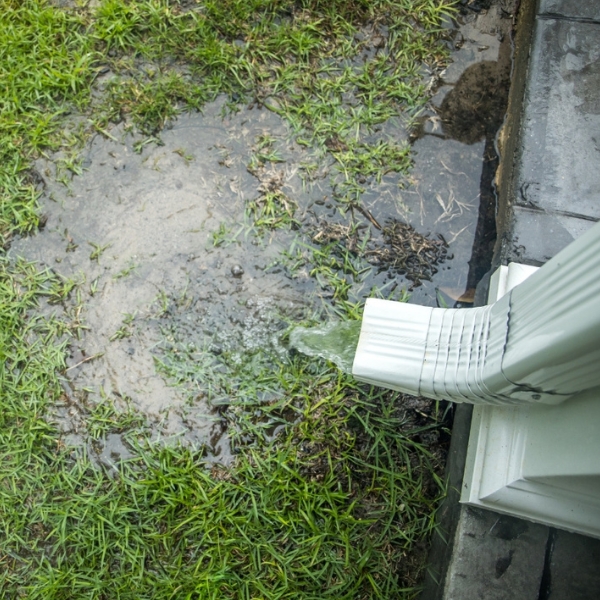 Water pooling at the base of a home due to an overflowing downspout, requiring a poor drainage solution in Jacksonville, FL.