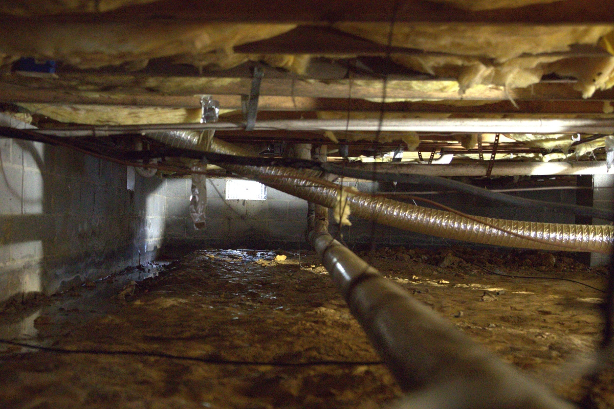 Condensation forming on cold plumbing lines in a humid crawl space, contributing to moisture damage in Ocala, FL.