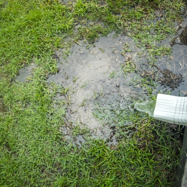 Short downspout pouring water near a home’s foundation, a poor drainage that needs foundation drainage repair in Jacksonville, FL.