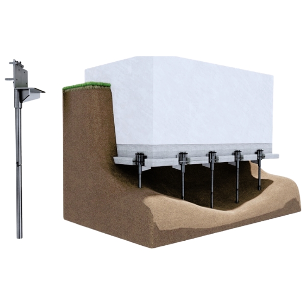 Illustration of installed push piers to lift a sinking foundation, an expert foundation repair solution in Jacksonville, FL.