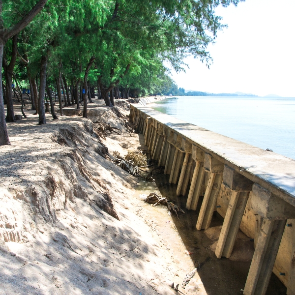 Concrete seawall showing visible tilt from hydrostatic pressure, needing seawall leaning repair in Northern Florida.