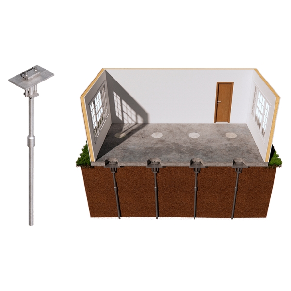 Illustration of installed slab piers to stabilize a sinking interior concrete floor, a foundation repair solution in St. Johns, FL.