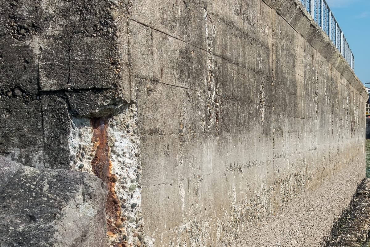 Old concrete seawall with gaps and cracks due to aging construction materials, causes of seawall general wear & tear in Ocala, FL.