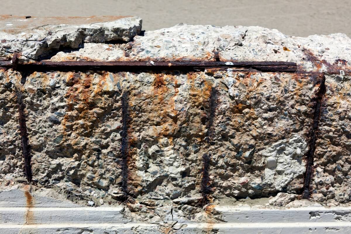 Close-up view of an aging seawall with rusting rebar and crumbling concrete, cause of soil erosion behind seawalls in St Johns, FL.