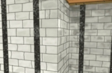 Illustration of carbon fiber strips bonded to the foundation wall to prevent movement for foundation repair in Jacksonville, FL.