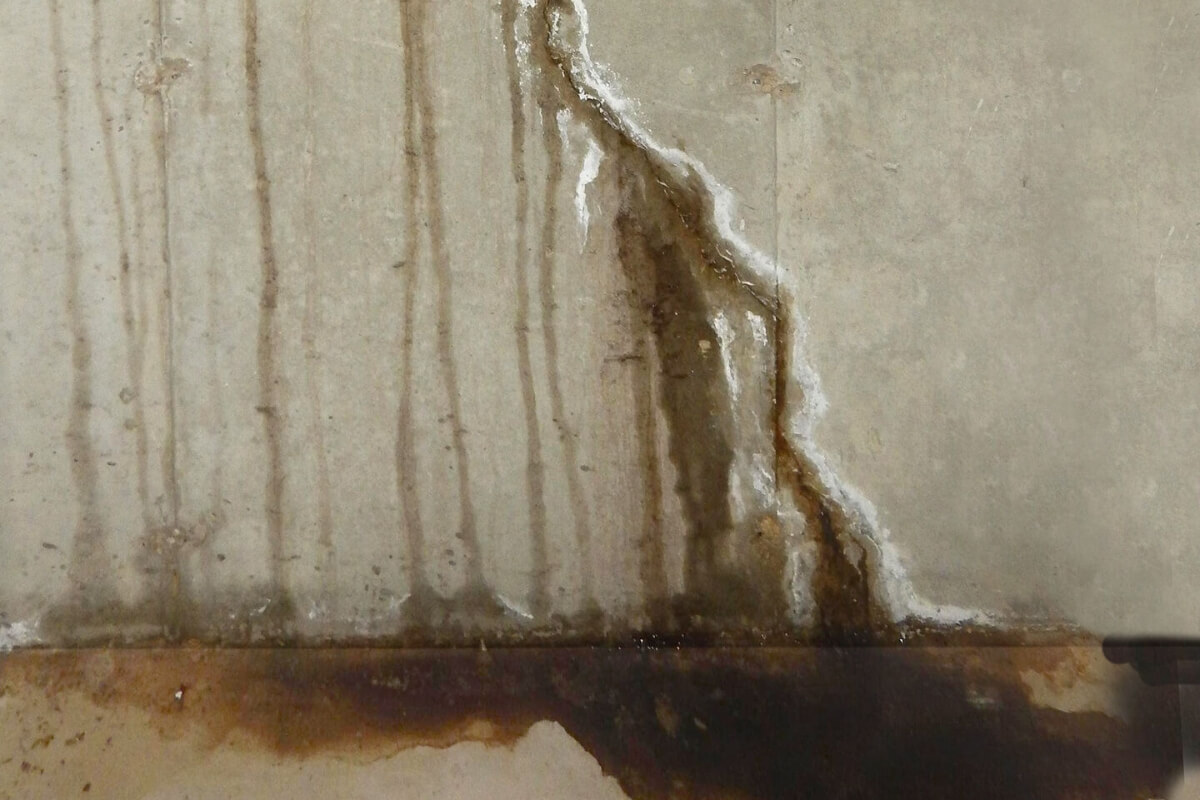 Water streaks and staining on a cracked concrete wall showing moisture intrusion causing concrete water damage in Fort Lauderdale, FL.