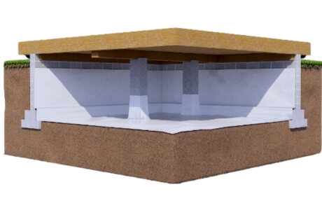 Illustration of crawl space vapor barrier covering soil to block ground moisture, a waterproofing solution in Jacksonville, FL.