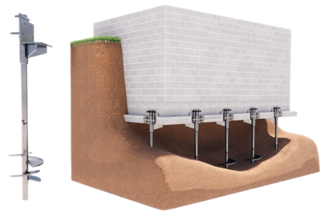 Illustration of helical piers screwed into unstable soil to support and stabilize walls, for foundation repair in Jacksonville, FL.