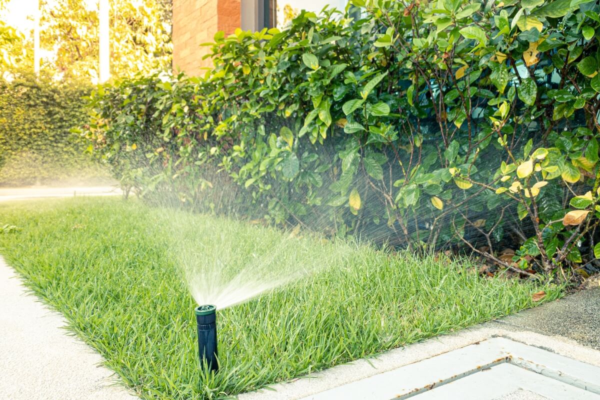 Misaligned sprinklers saturating soil around a concrete patio, causing gradual soil washout in Gainesville, FL.