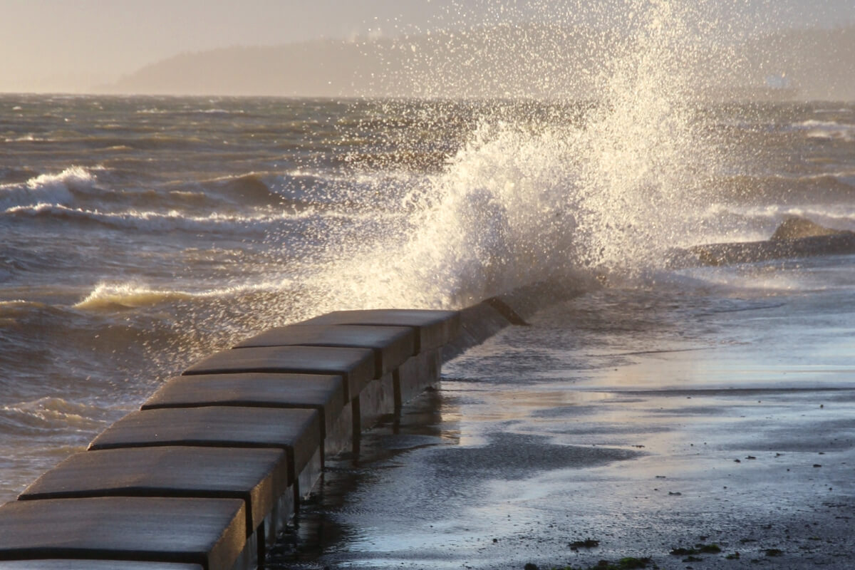 Tides rising against a concrete seawall, causing soil erosion behind the seawall in Palm Coast, FL.