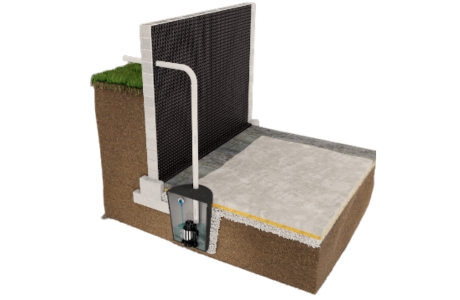 Illustration of basement sump pump system installation in Ocala, FL, to remove groundwater and keep the foundation area dry.