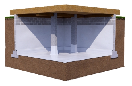 Illustration of basement wall vapor barrier installation in Ocala, FL, to reduce moisture transfer and improve indoor comfort.