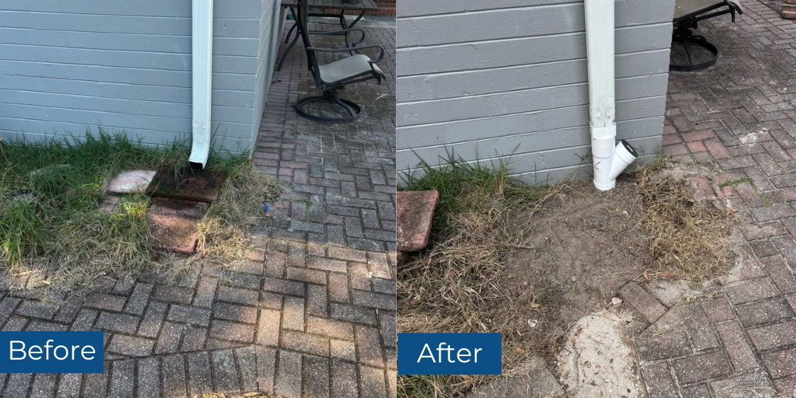 Before and after downspout extension in Orange Park, FL, showing runoff redirected underground to stop soil and patio paver washout.