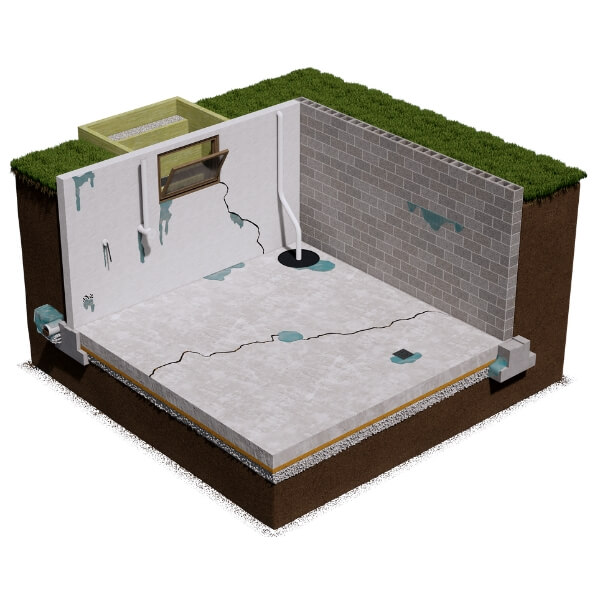 Illustration showing basement and foundation water intrusion in a Lake City, FL, home caused by groundwater and poor drainage.