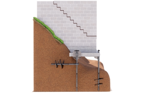 Illustration of helical tie-back installation in Gainesville, FL, to support a bowing foundation wall affected by soil pressure.