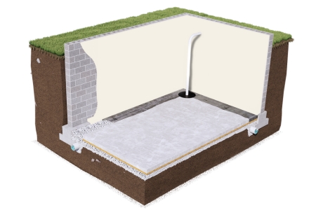 Illustration of interior foundation waterproofing system installation in Ocala, FL, to manage basement water intrusion inside.