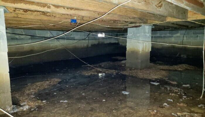 Crawl space beneath a home showing damp conditions that often cause indoor air concerns and musty odors in St. Augustine, FL.